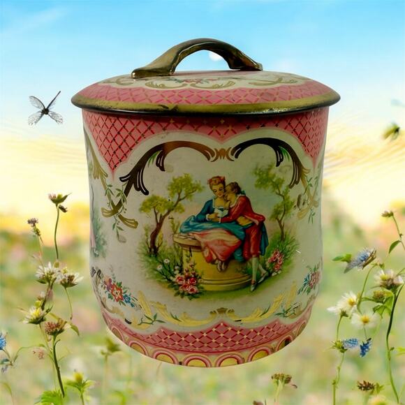None and/or Unknown Other - VTG 1920s English Nouveau Rococco Tea Tin Pink Gold Courting Couples Rococo